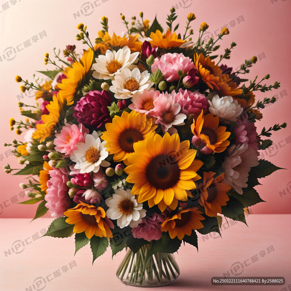 一束盛开的野生向日葵和樱花花束