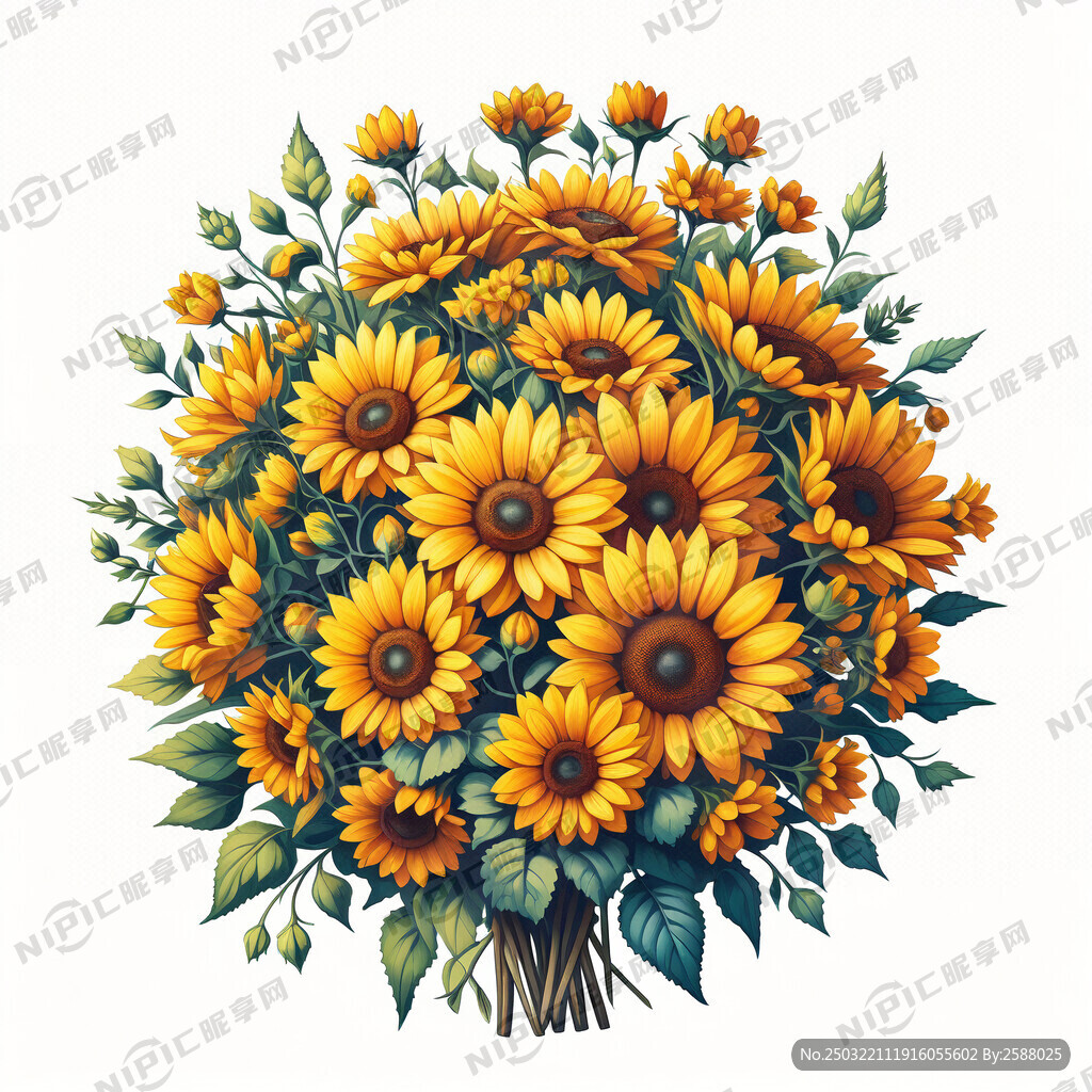 一束盛开的野生向日葵花束 