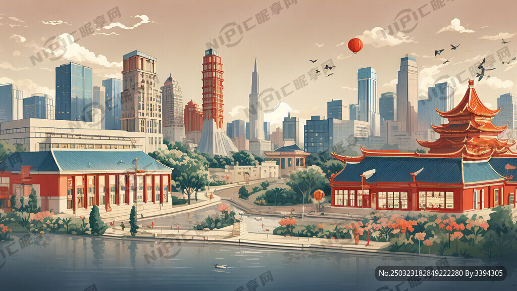 呼和浩特地标建筑 国潮风 插画