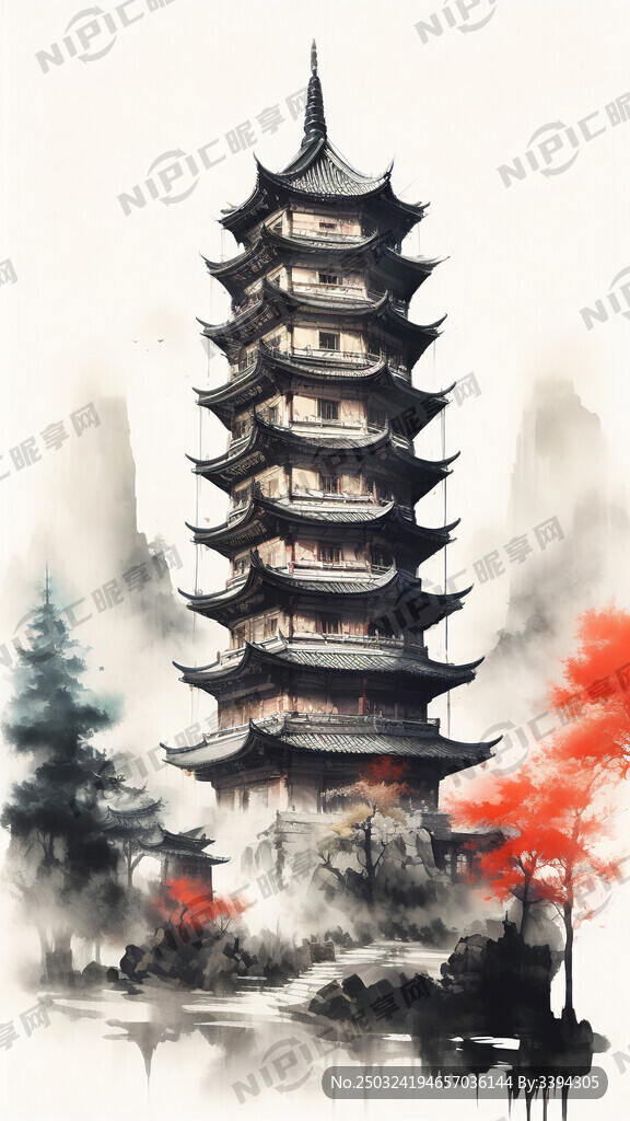 单一应县木塔 国潮风 纯色背景