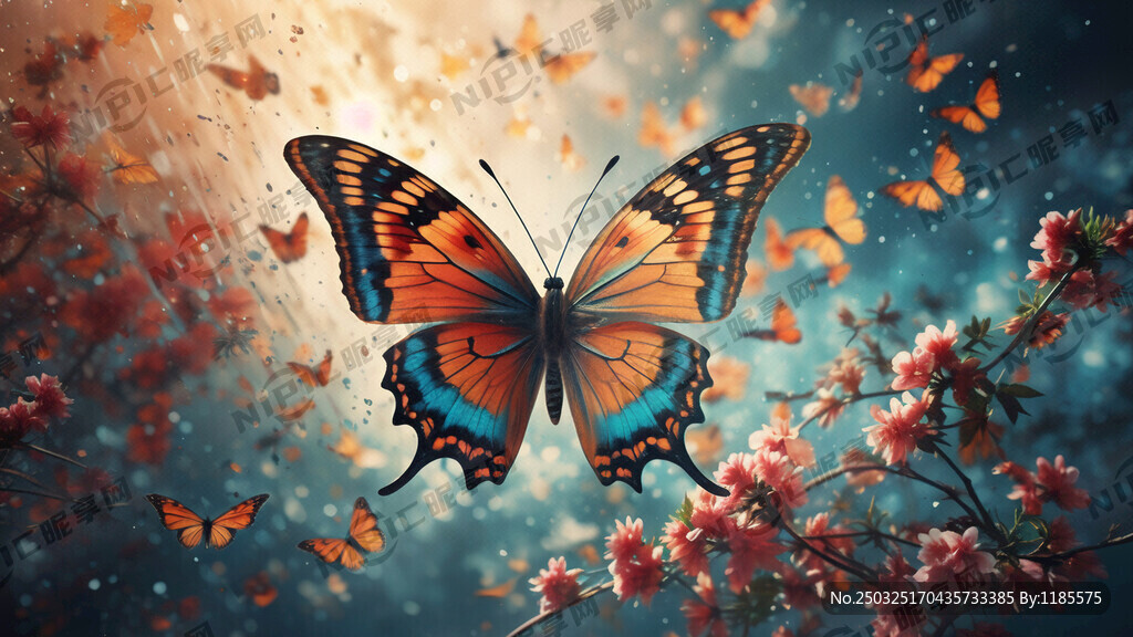 空中彩色翅膀的蝴蝶在飞舞
