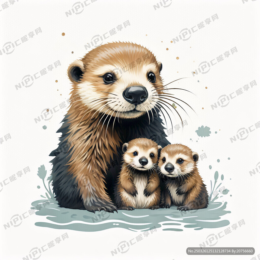 卡通水獭母子 简约的绘画风格