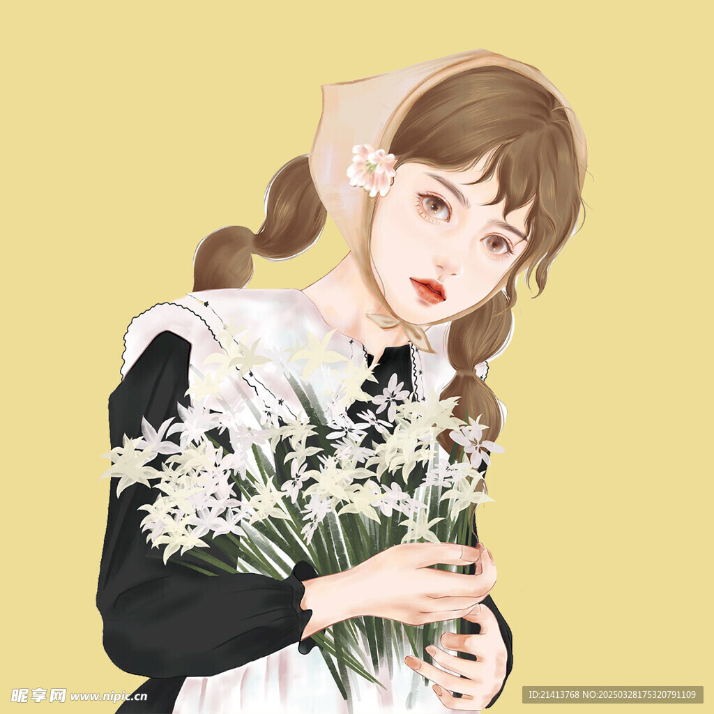 手绘鲜花女孩