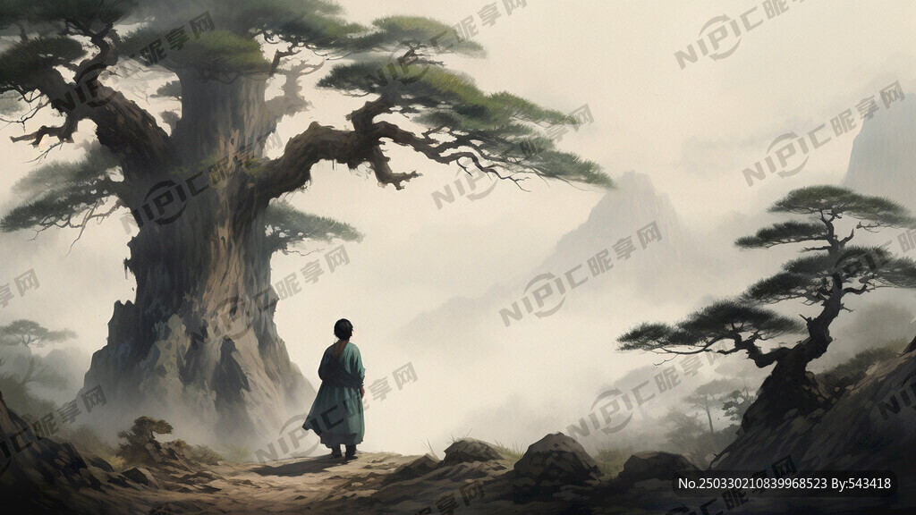 画面中央是一棵苍劲的古松