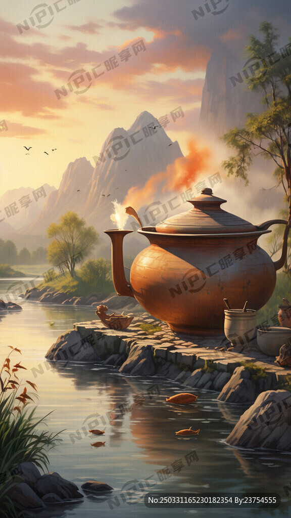 在青山绿水的河边用陶釜罐炖鱼喝