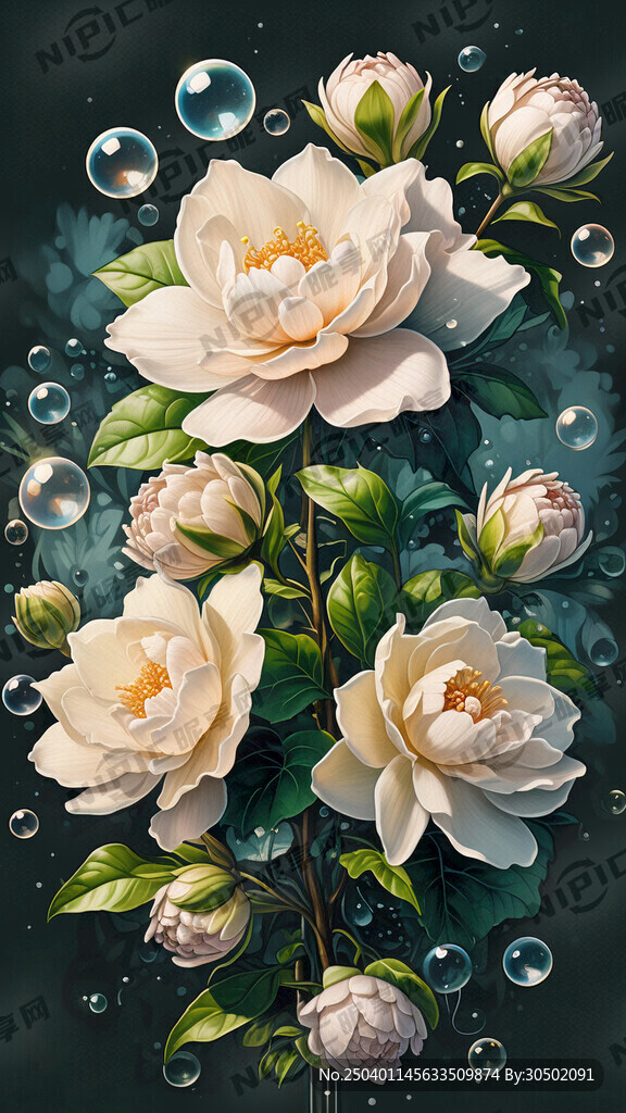 写实喷绘的栀子花 带部分花骨朵