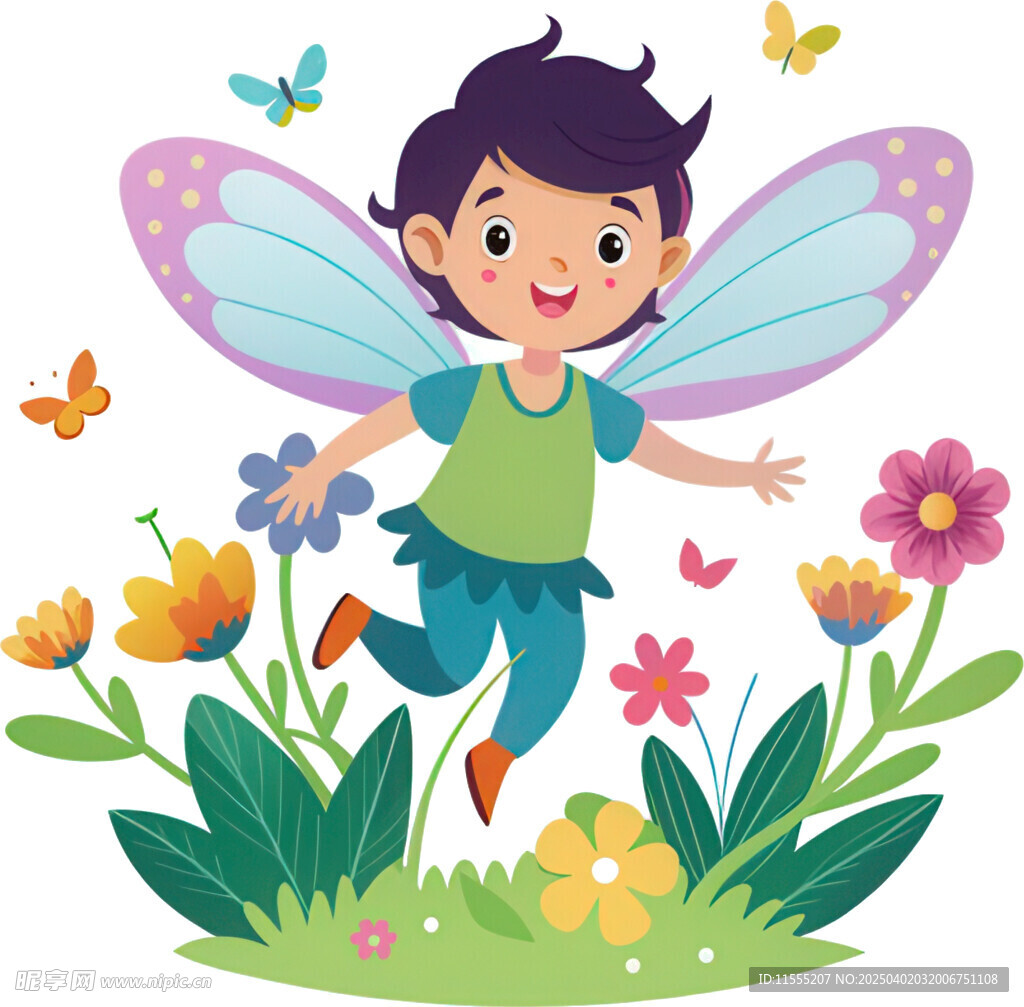 女孩扮仙子花丛间展笑颜免抠图