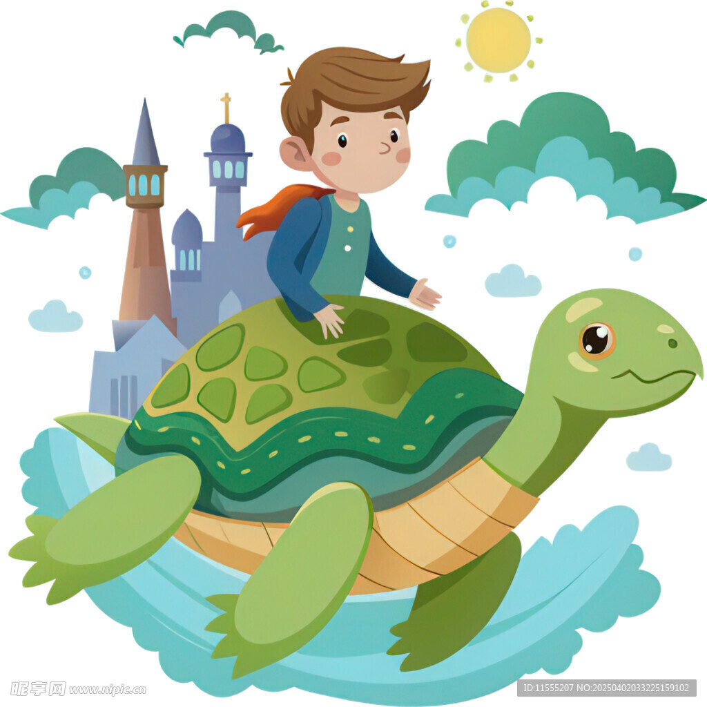 男孩骑龟背探索城堡景