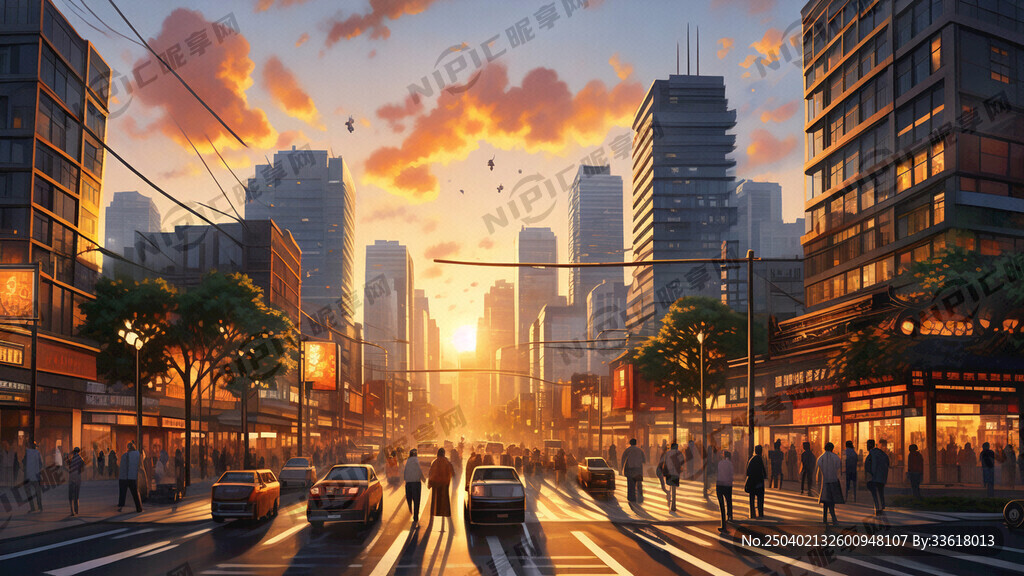 夕阳余晖的琥珀色光晕霓虹灯与自