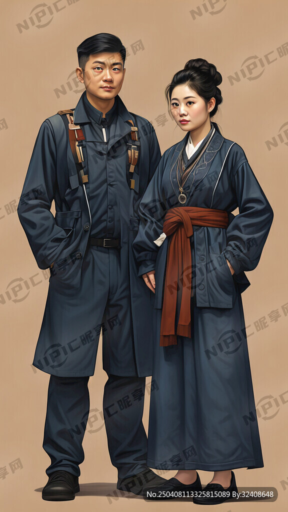 技术员 一男一女 藏青色衣服