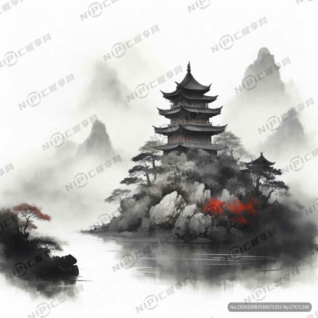 白描 山 水 树林 天上有祥云