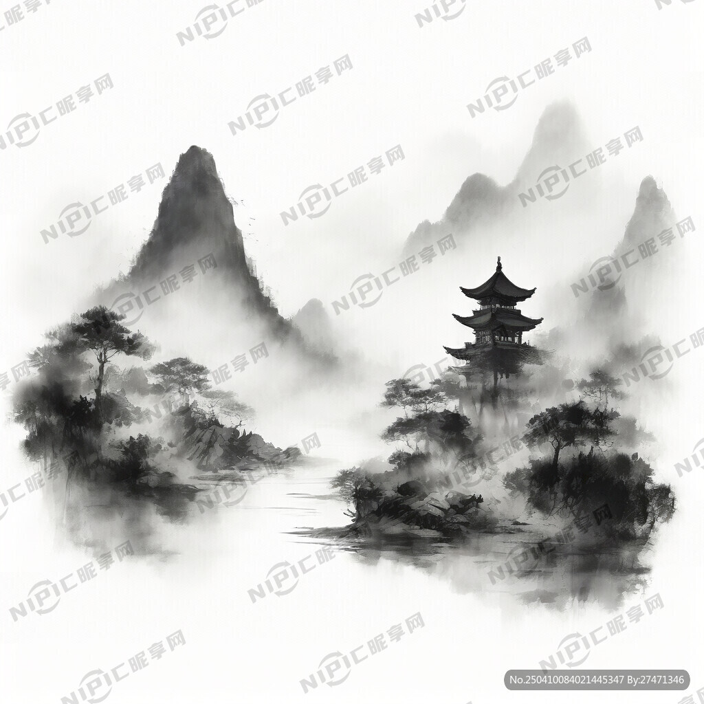 白描 山 水 树林 天上有祥云