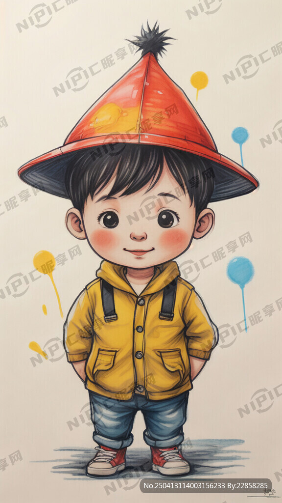 小男孩 戴帽子 蜡笔绘画风格