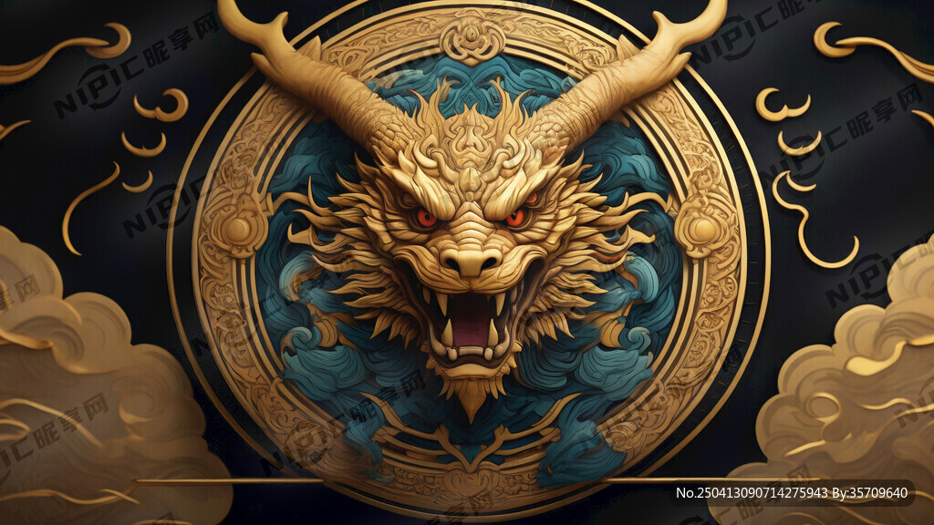 请生成一个麒麟的头 金色调为主