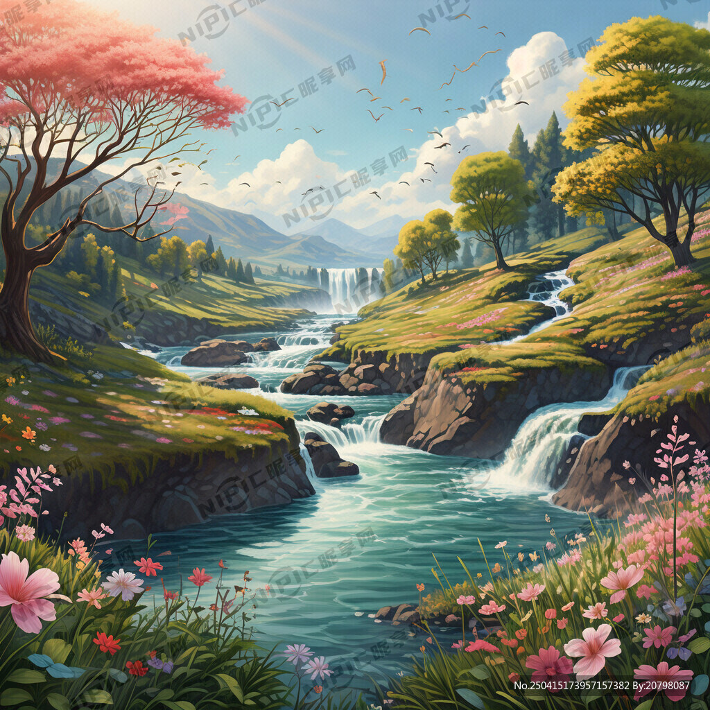 瀑布河流 平原草地 自然风光