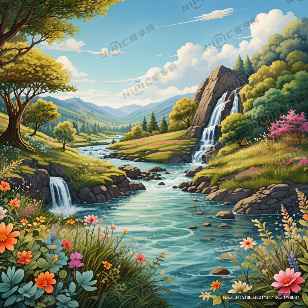 瀑布河流 平原草地 自然风光