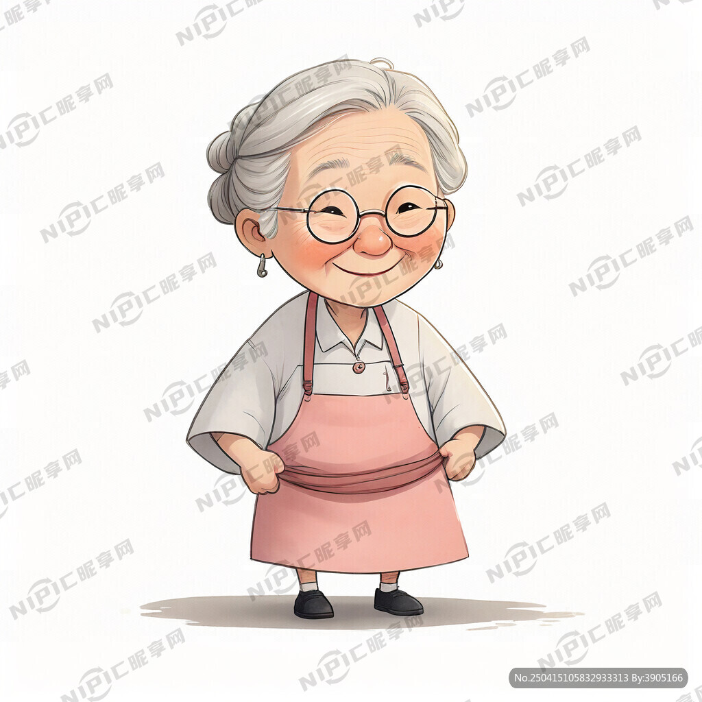 中国老奶奶 系着围裙 卡通