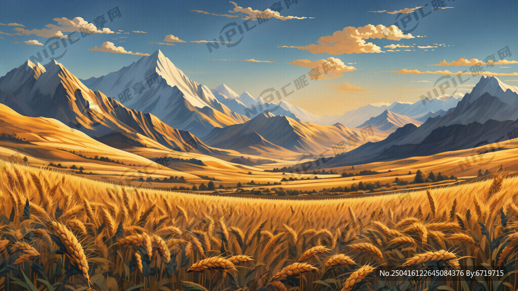 天山与金色麦田 矢量