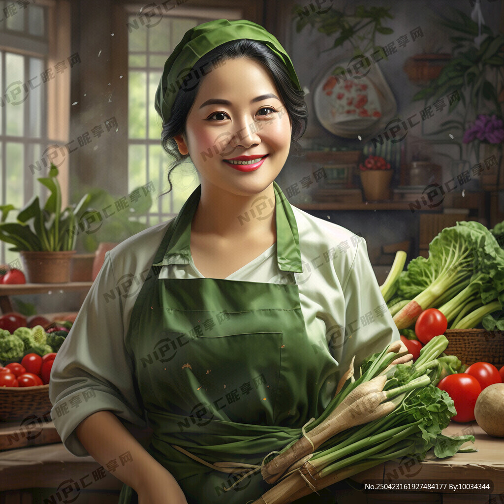 一个亲切的女主播 穿着绿色围裙