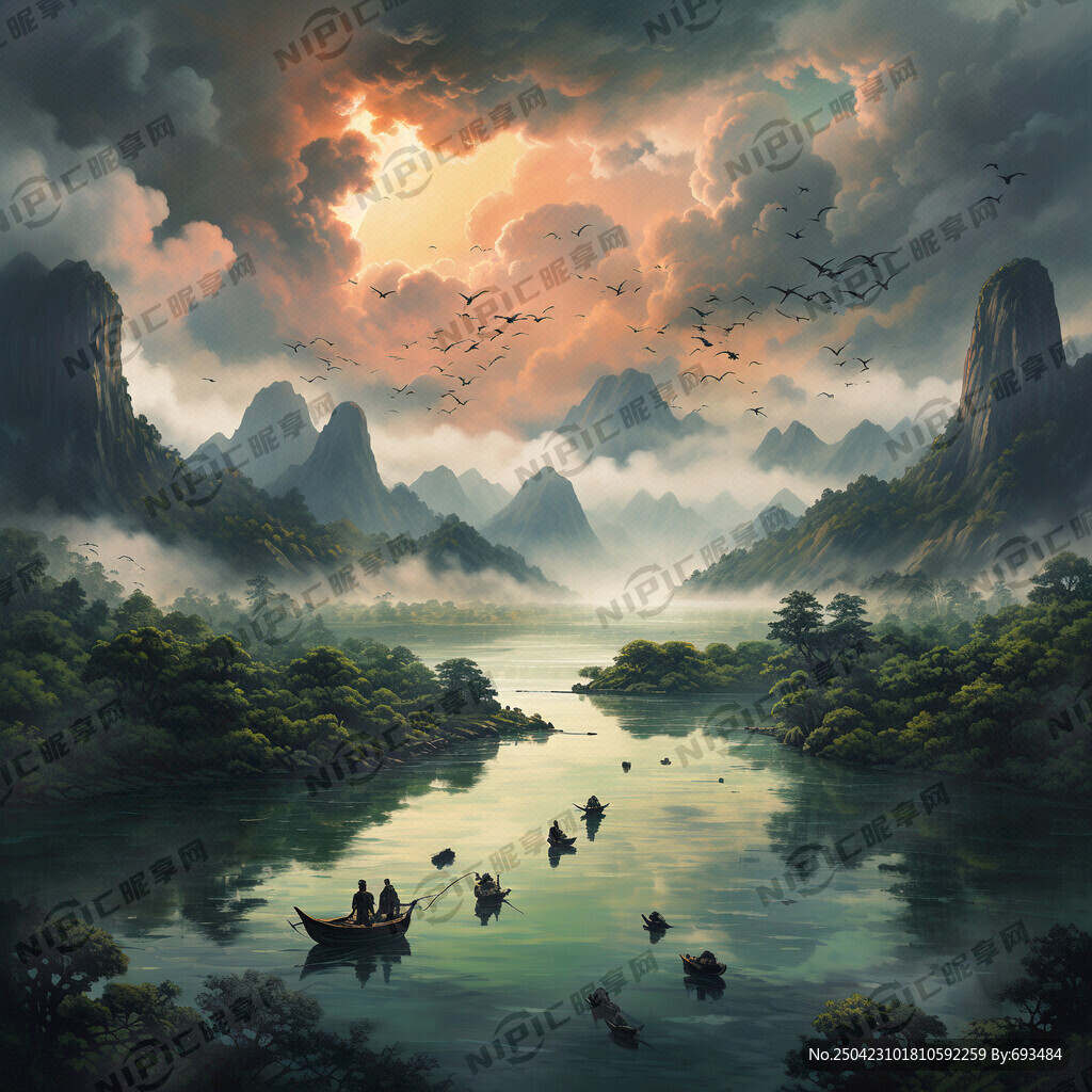 绿色深林 画面前景是静态湖泊