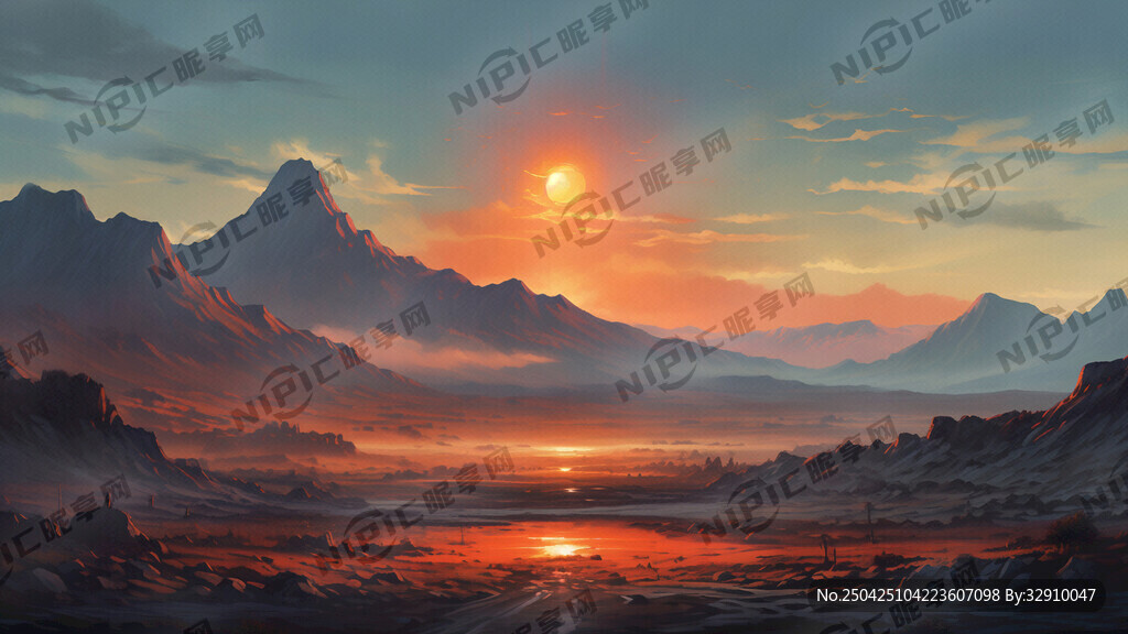 做一幅油画 远处是山 有夕阳