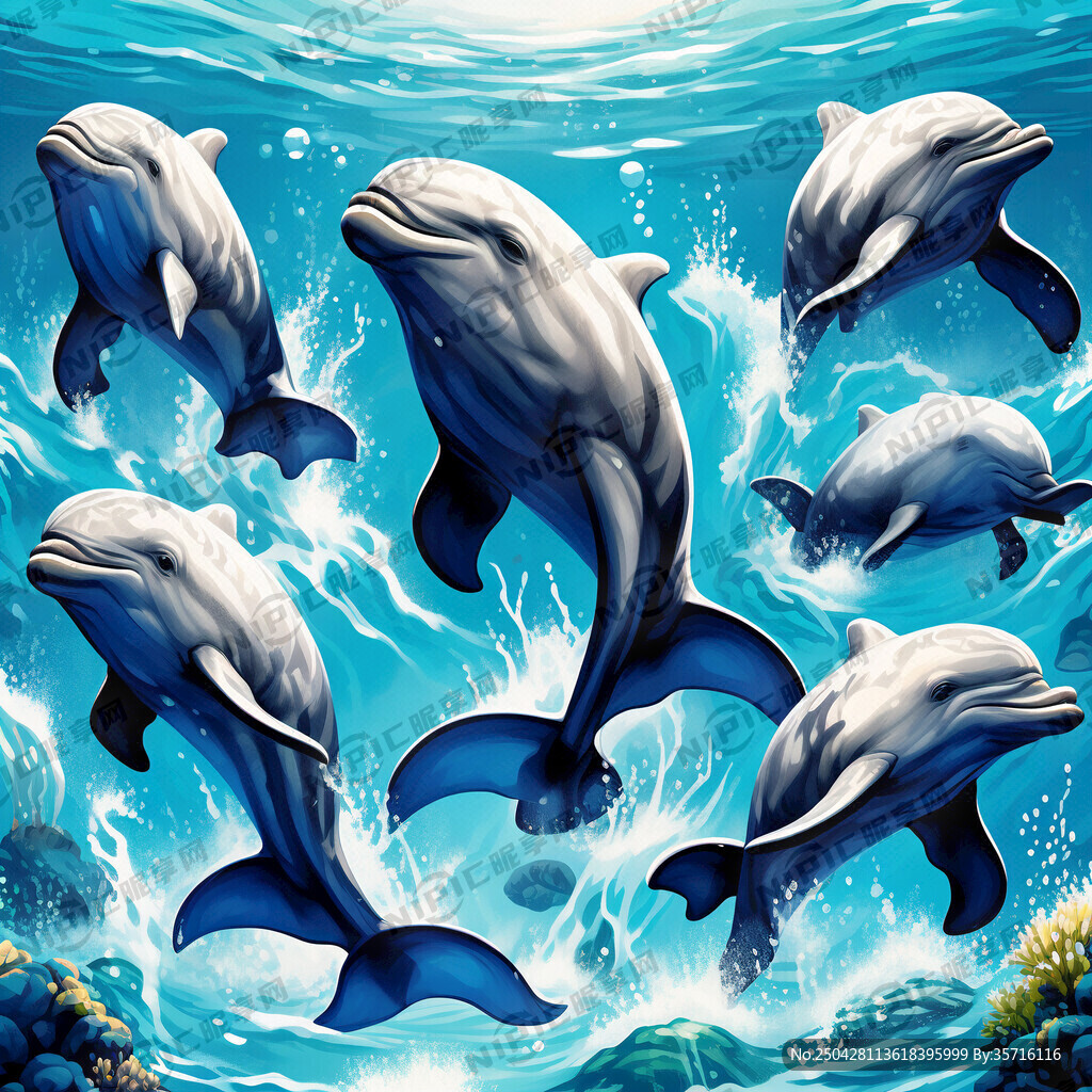 海蓝色背景多个卡通海豚