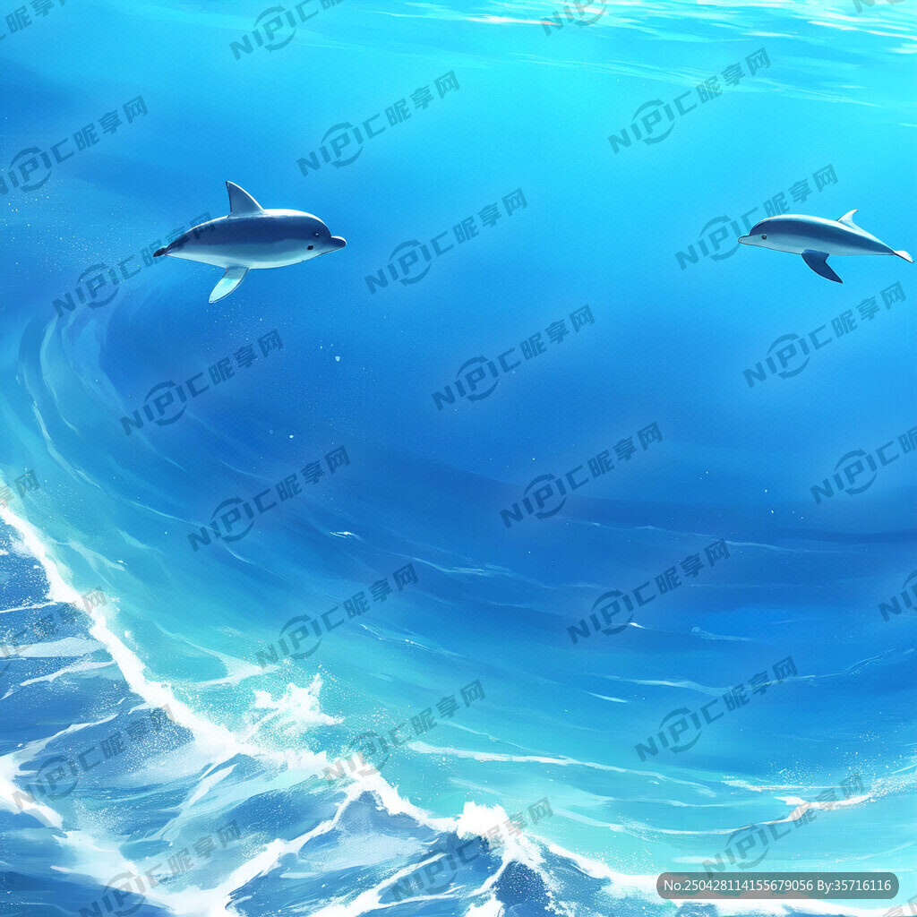 海蓝色背景多个卡通可爱海豚群