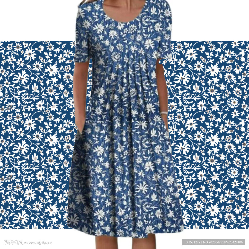 蓝白花卉图案纹理背景