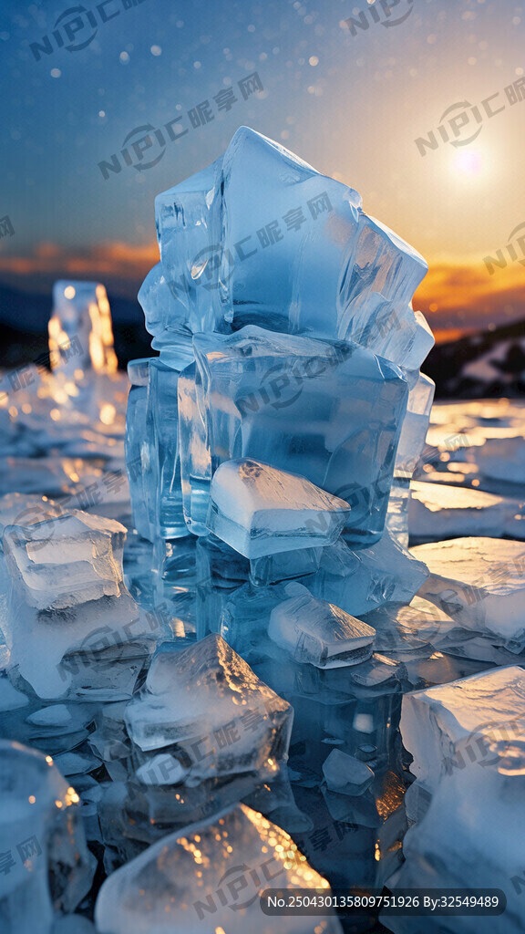 这是一幅充满晶莹剔透感的冰块堆