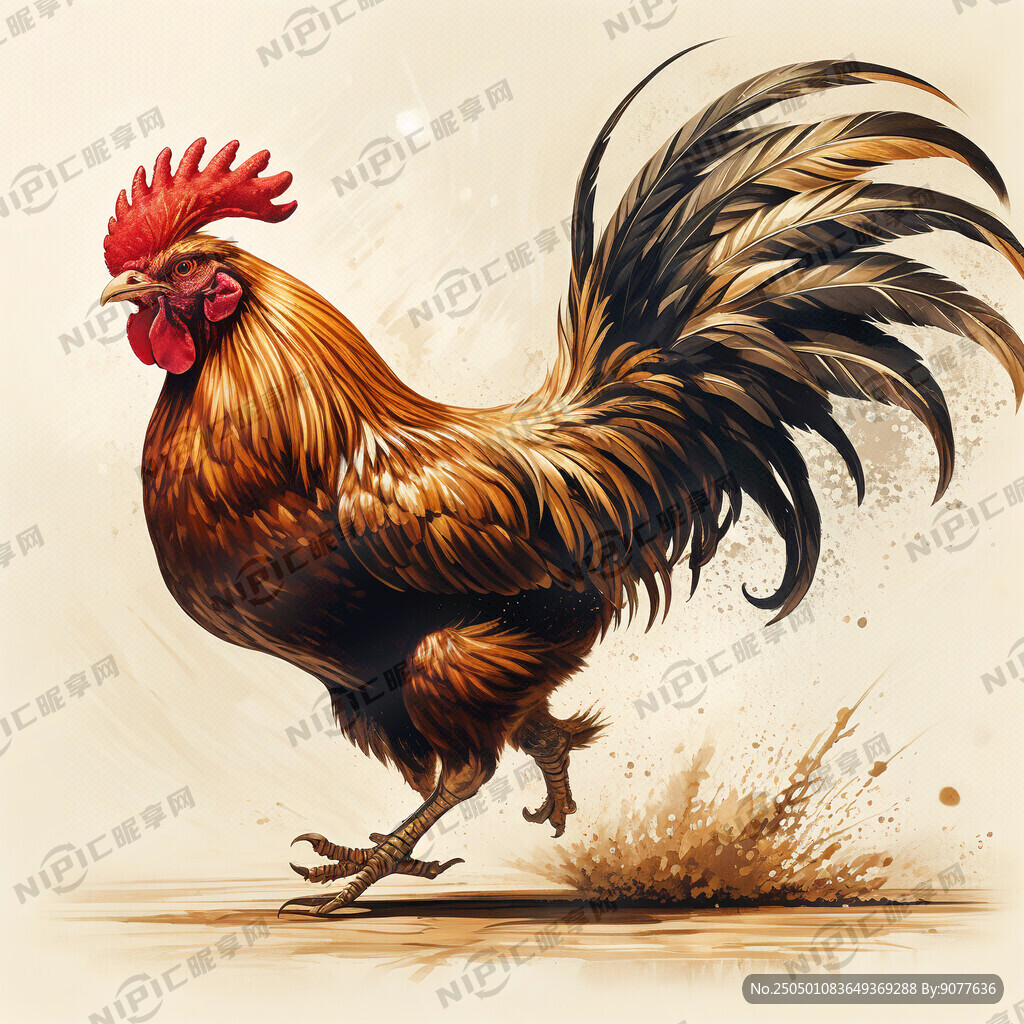 一只奔跑的公鸡 身上羽毛棕金色