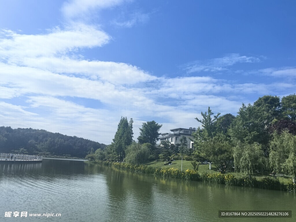 湖畔绿树蓝天美景