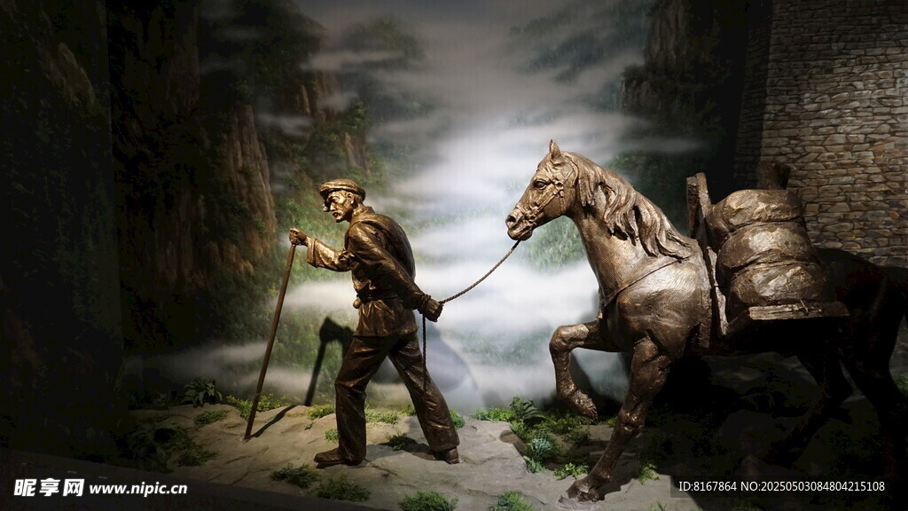 中世纪旅人牵马于神秘洞穴