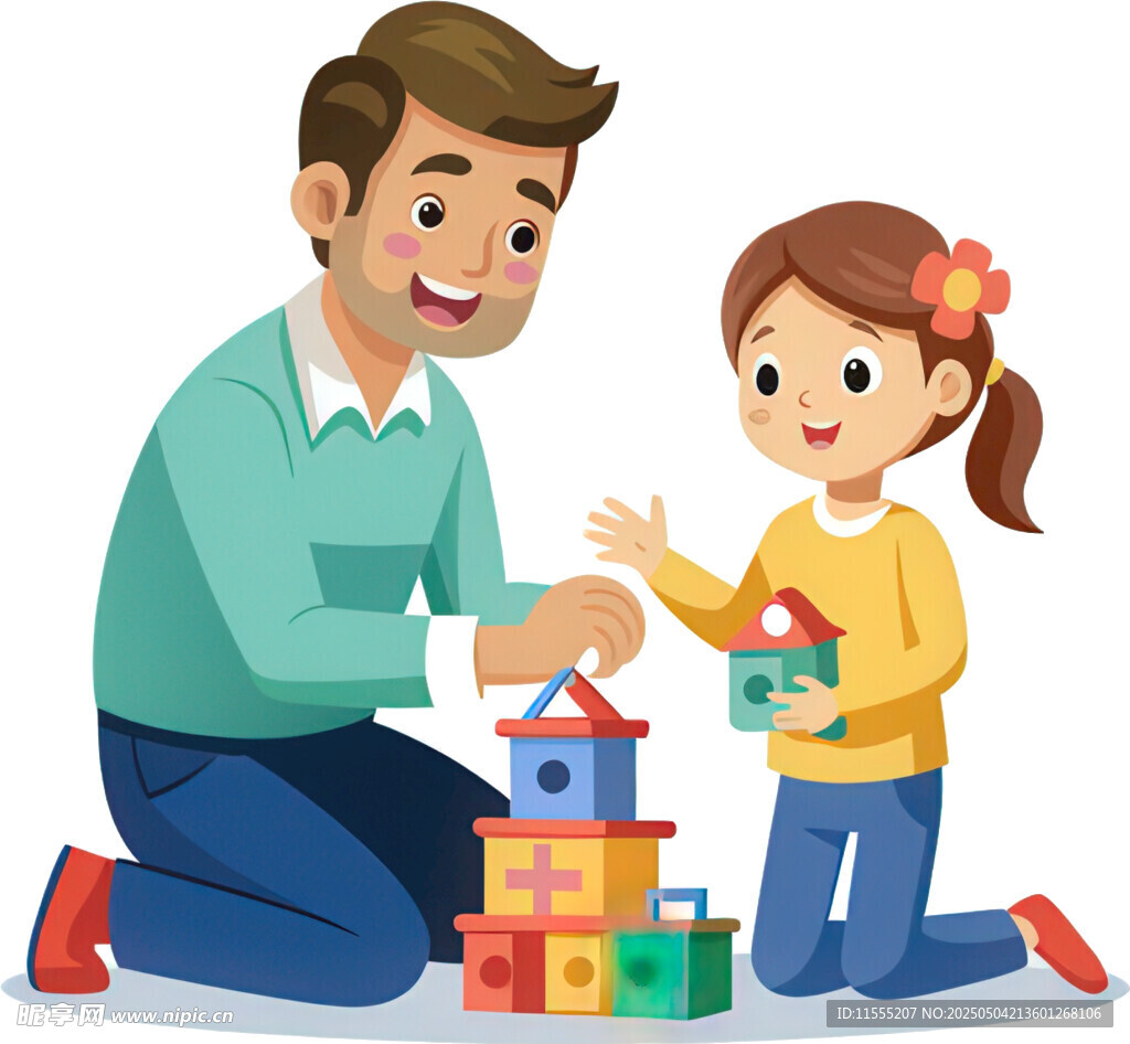 父亲陪女儿开心搭积木