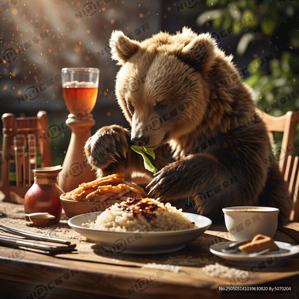 小熊吃饭 桌子 饮料 一碗饭