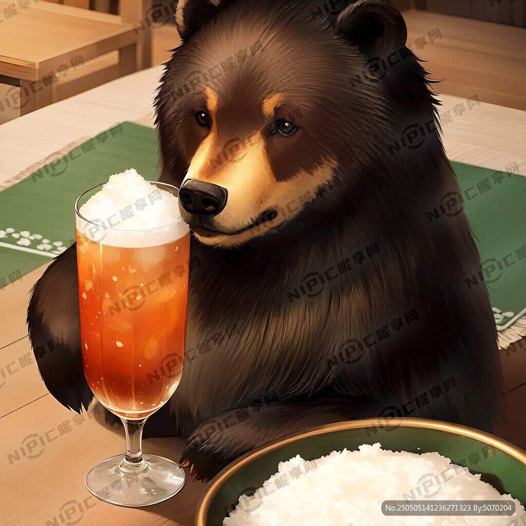 卡通画 小熊吃饭 桌子 饮料