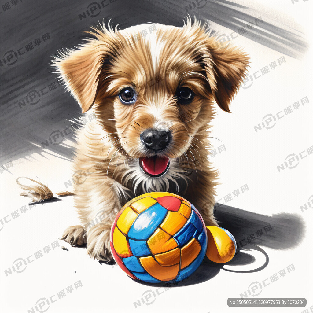 小狗叼着玩具 手绘
