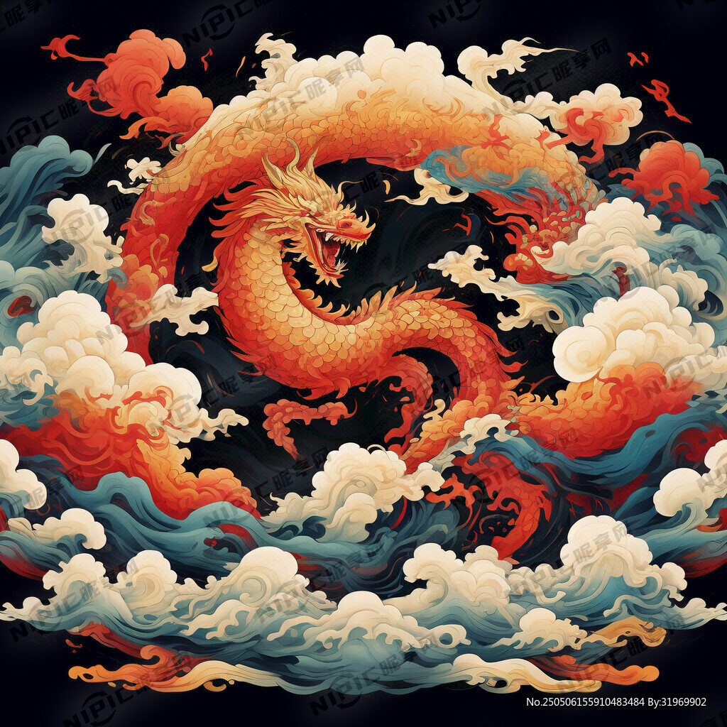 金山、麒麟踏祥云、国潮插画祥云