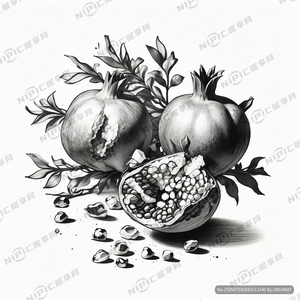 手绘素描线条黑白风格石榴枝