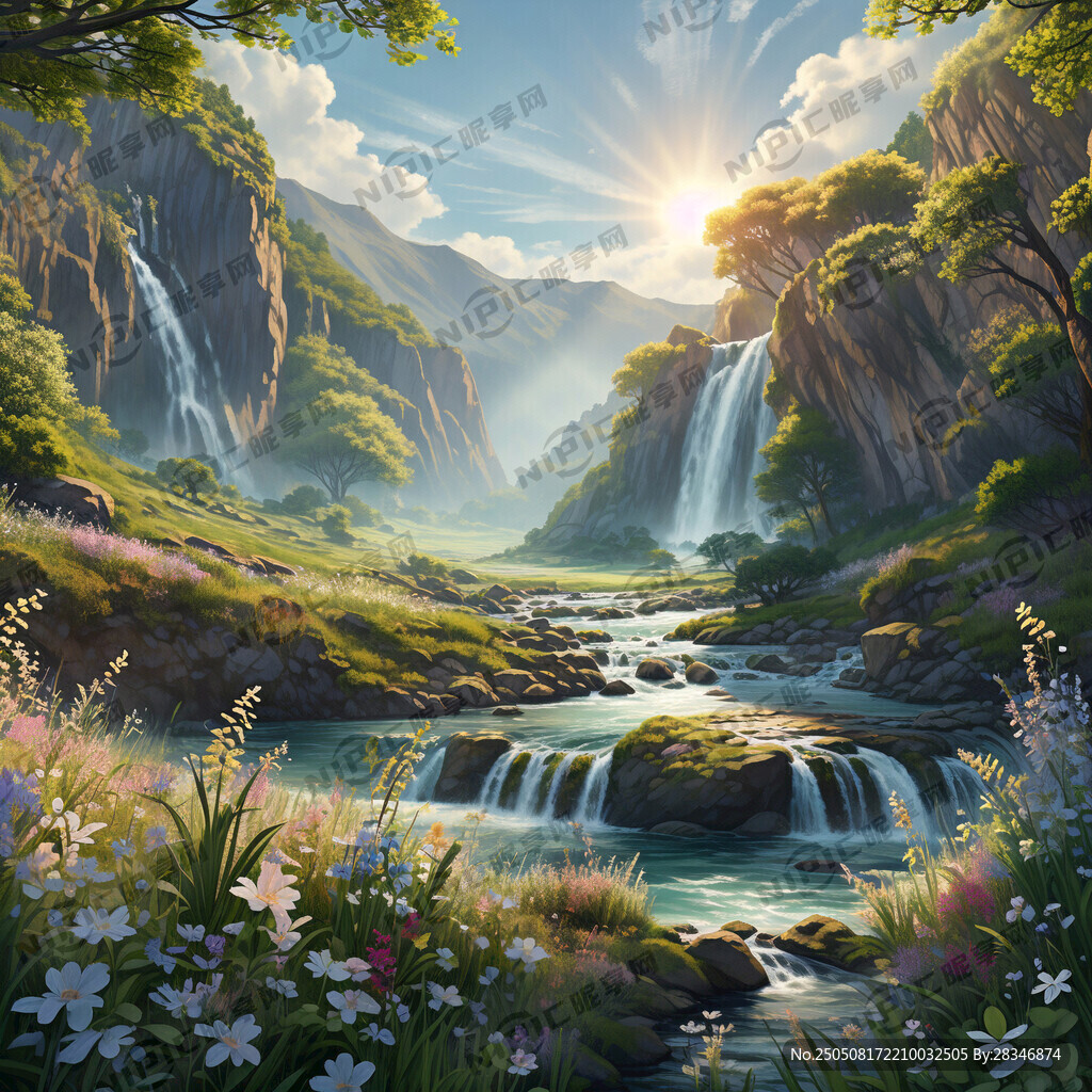 瀑布河流 平原草地 自然风光