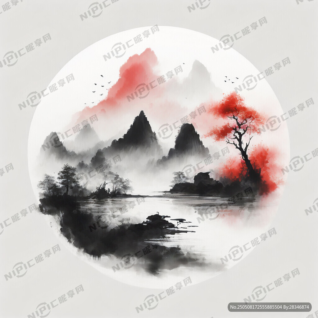 中国风 山水彩色水墨画