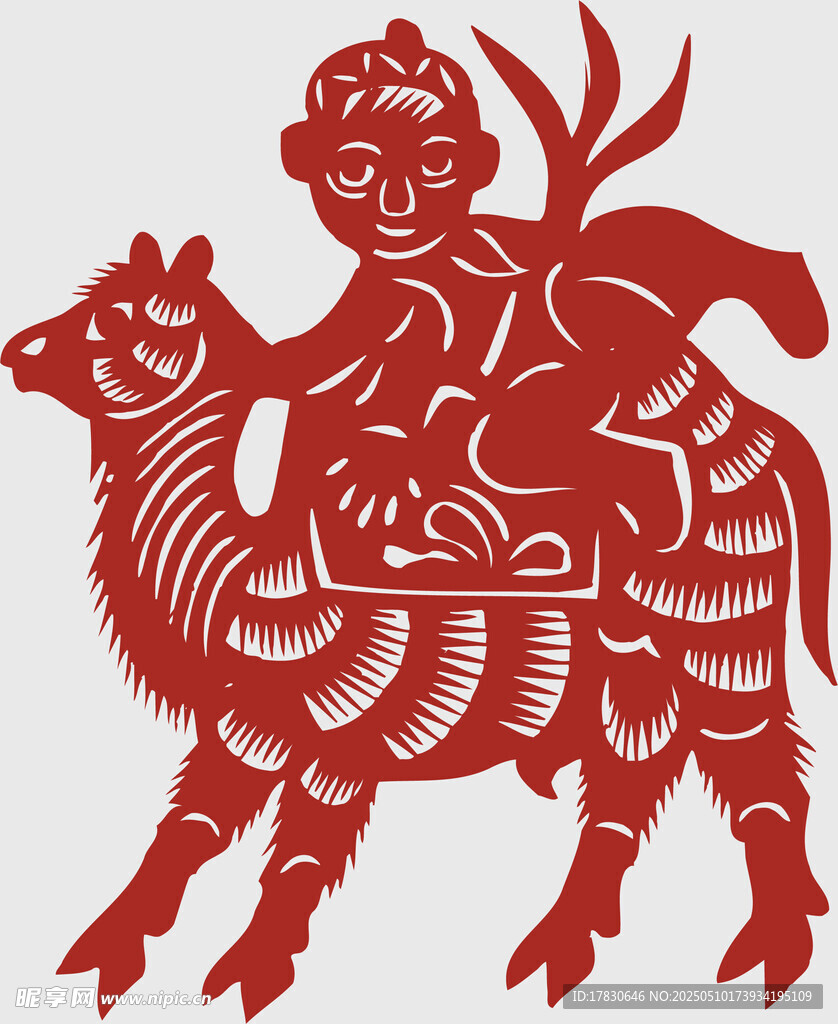 儿童骑羊剪纸艺术作品