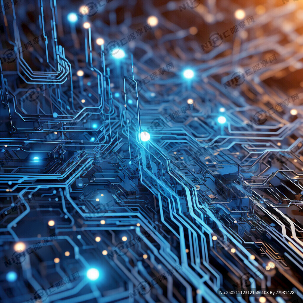 渐变蓝色电路纹理 前景悬浮立体