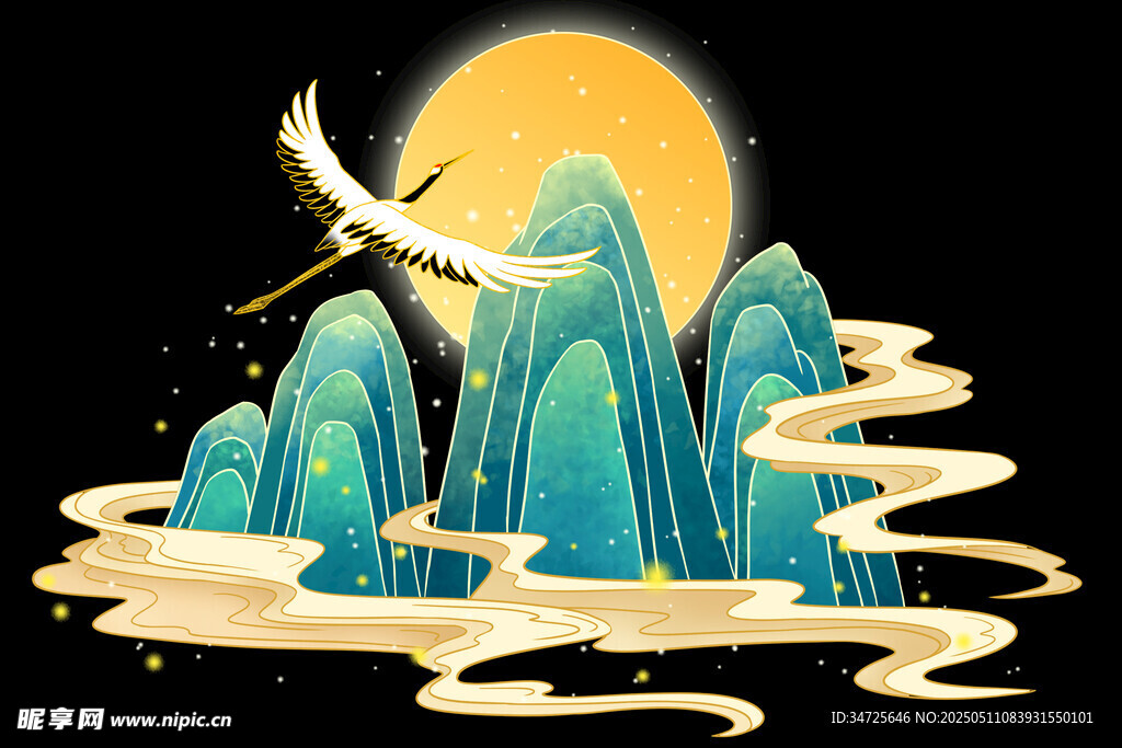 月夜山峦飞鸟意境图