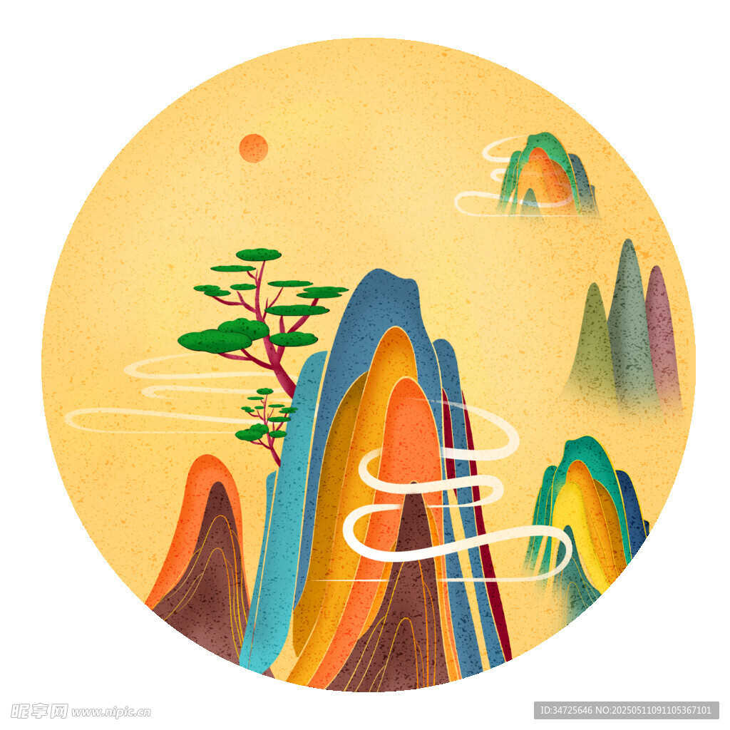 圆形山水风景插画