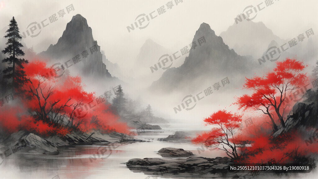 加拿大红枫叶 水墨山水背景