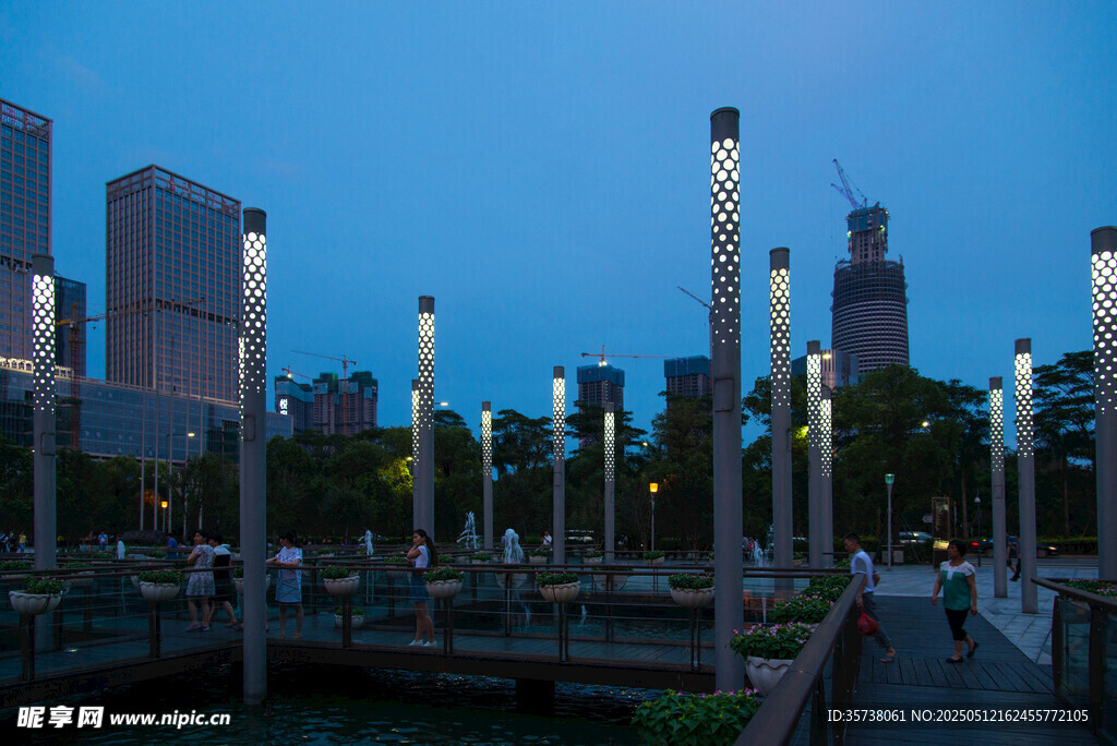城市夜景中的林立灯柱