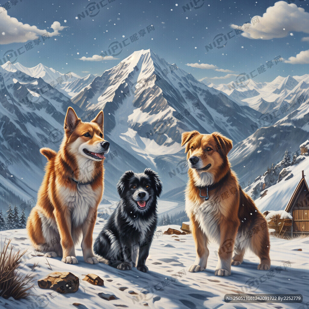 雪山风光和2只漂亮可爱的狗