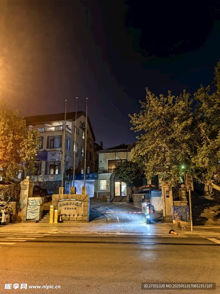 夜晚街边的静谧建筑景象