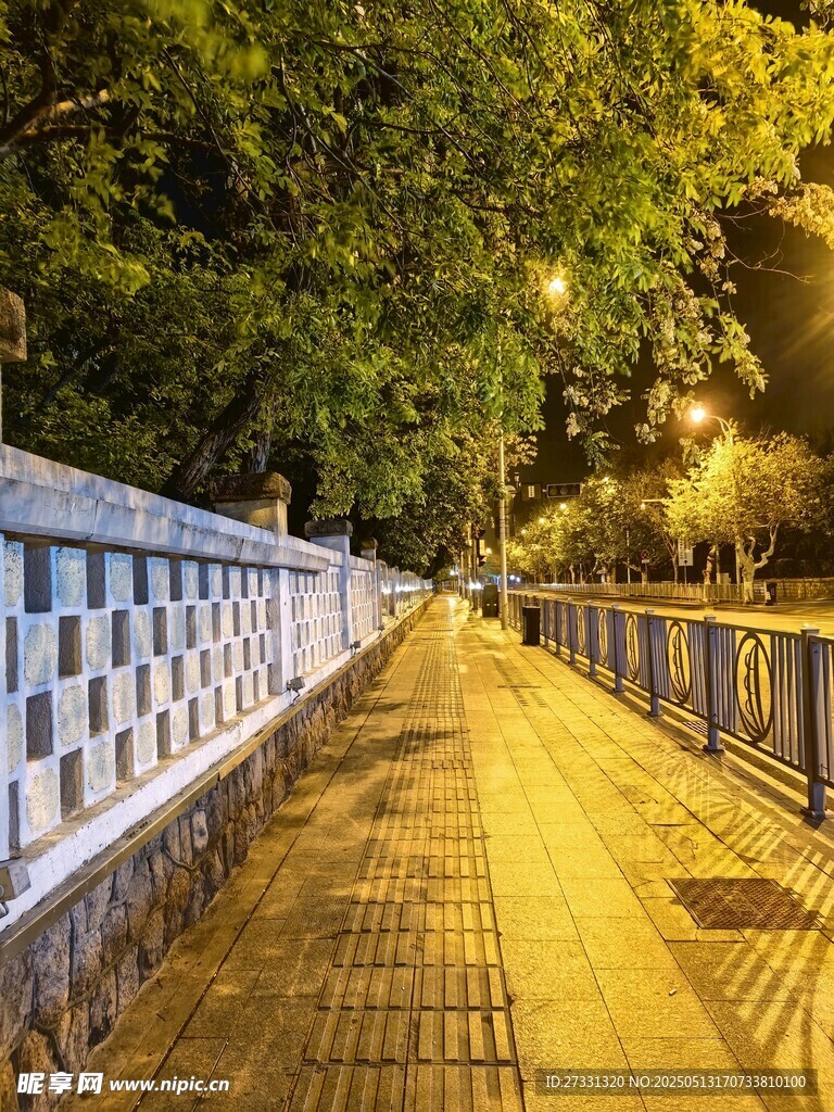 夜晚河畔的静谧步道