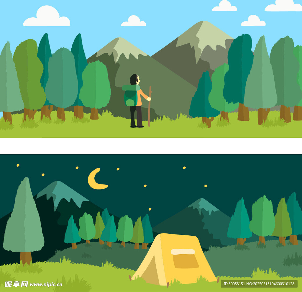 日间徒步与夜间露营场景